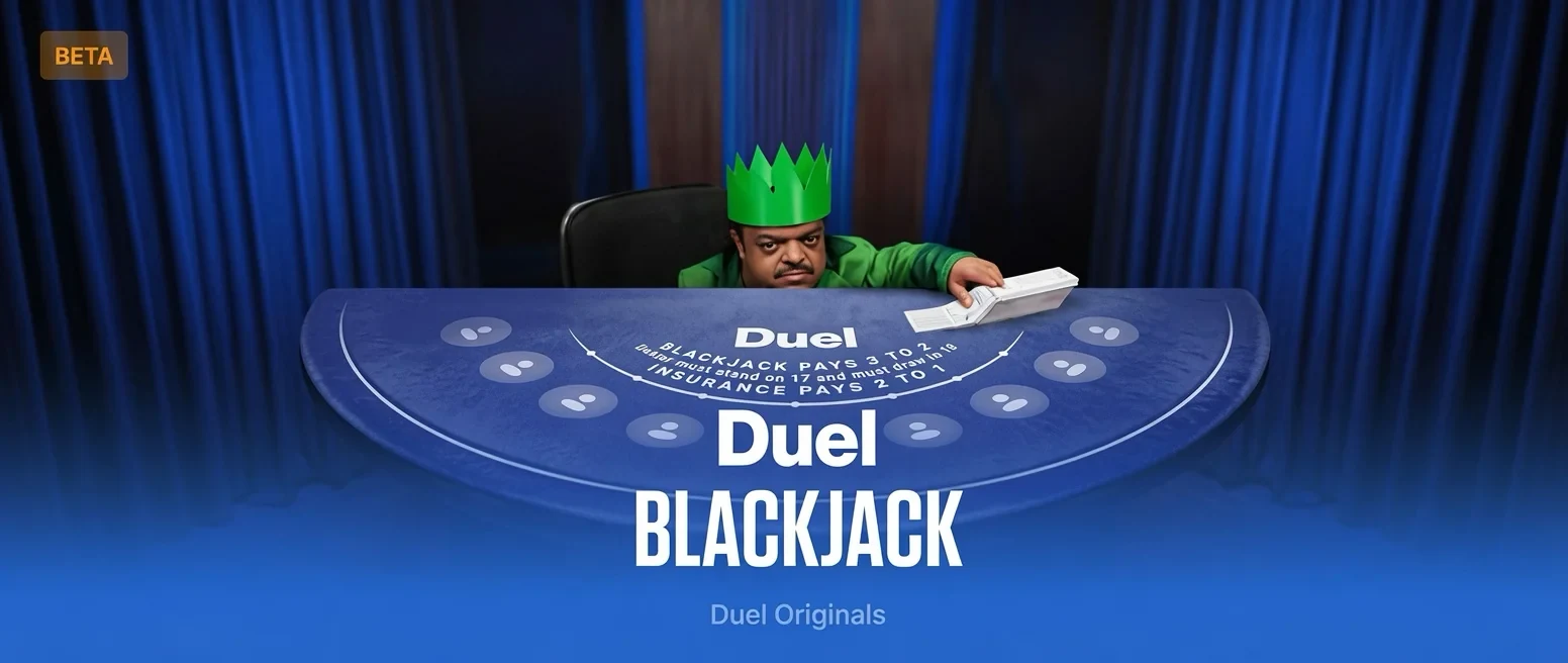 Duel Blackjack live dealer mid-shoe at the blue felt printed with Blackjack Pays 3 to 2 during the 100% RTP stream