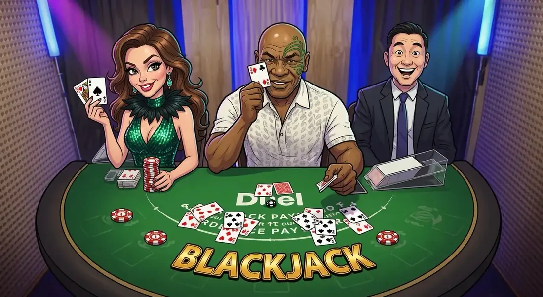Illustration of a blackjack table with a guest holding two aces between the dealer and the host