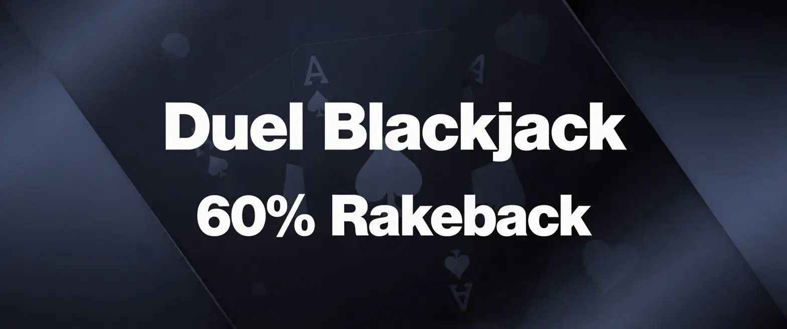 Duel Blackjack 60% rakeback banner with playing cards on a dark blue background