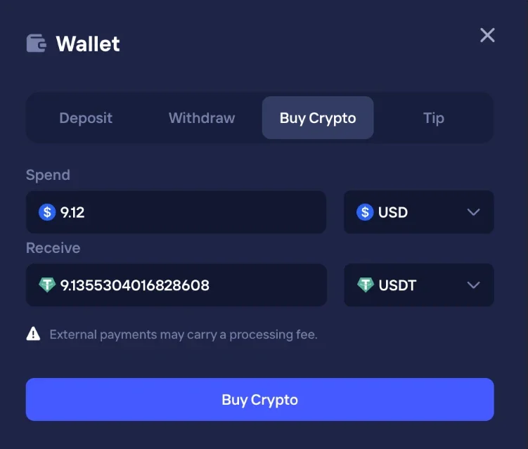 Duel Casino Buy Crypto screen converting USD into USDT directly inside the wallet
