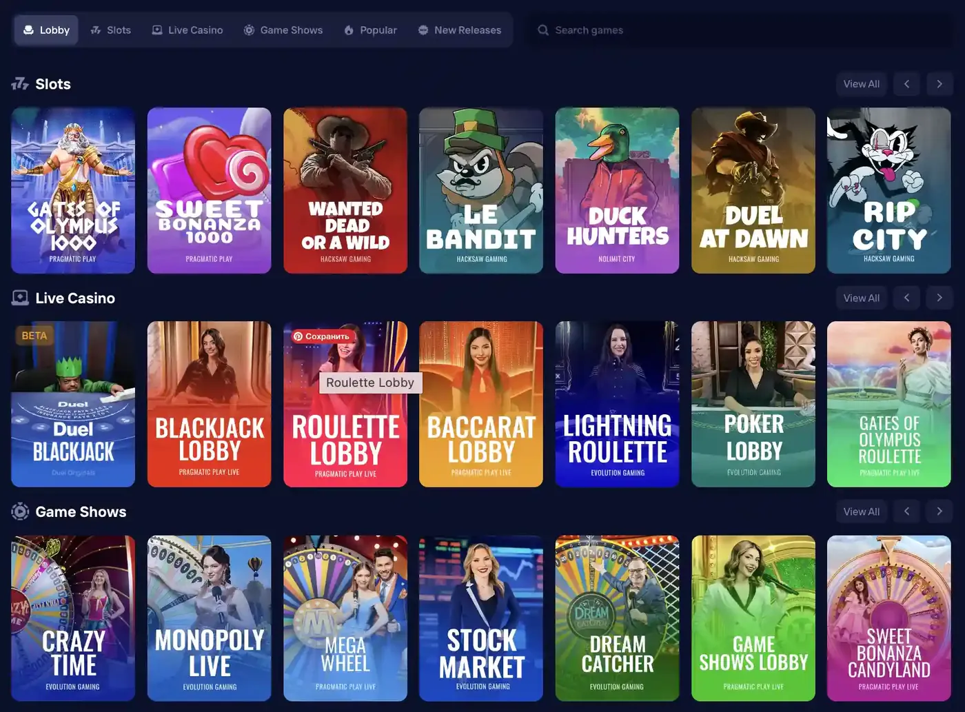 Duel Casino games lobby with Slots, Live Casino and Game Shows rows including Duel Blackjack, Gates of Olympus, Crazy Time and Monopoly Live
