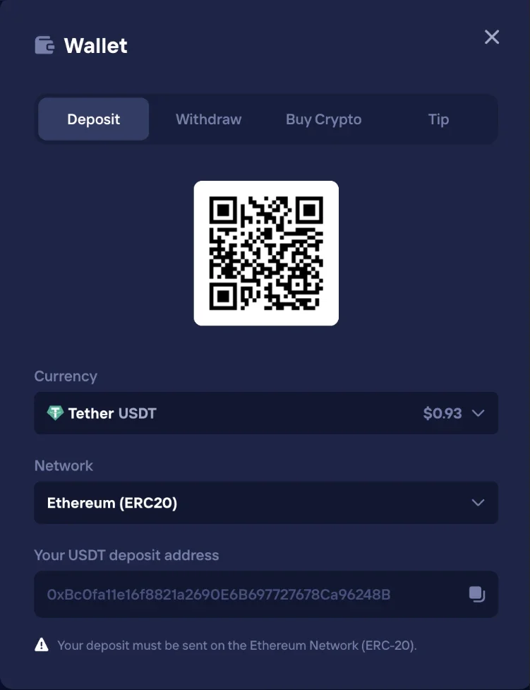 Duel Casino Wallet deposit screen with a QR code, USDT currency, Ethereum ERC-20 network and a deposit address