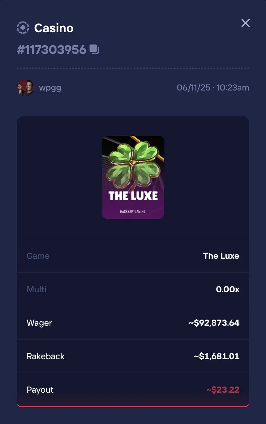 Duel casino bet detail showing a $92,873.64 wager returning $1,681.01 in rakeback
