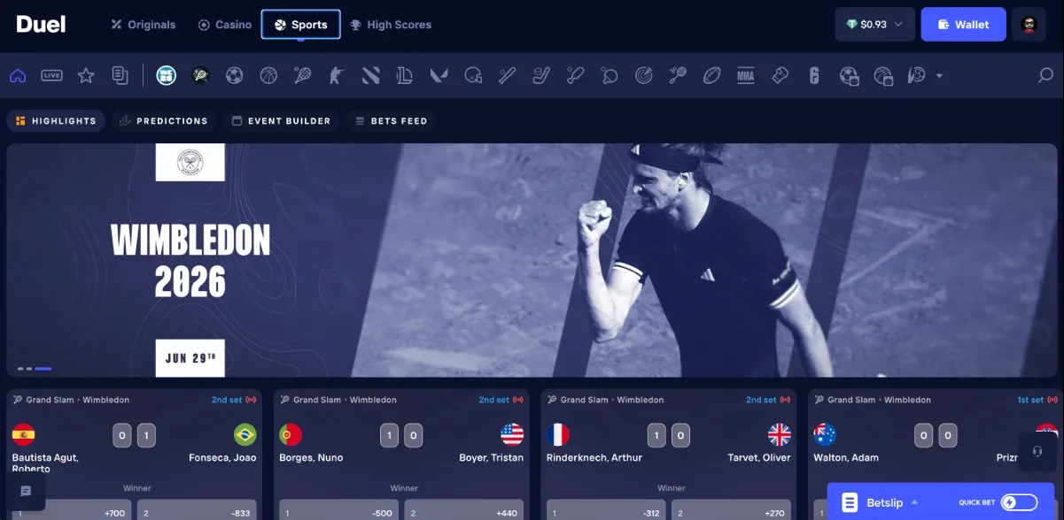 Duel sportsbook showing the Wimbledon 2026 tennis hub with live in-play match odds and a betslip