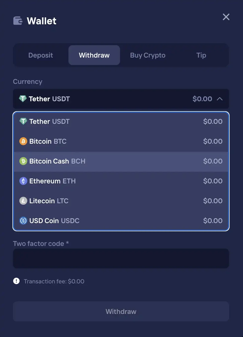Duel Casino Wallet withdraw screen with the currency selector open showing USDT, BTC, BCH, ETH, LTC and USDC, a two factor code field and a zero transaction fee
