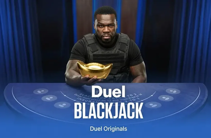 50 Cent in a tactical vest presenting a solid gold ingot as his buy-in at the Duel Blackjack table