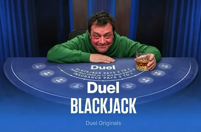 A very relaxed crypto-casino mogul in a green hoodie swirling a glass of whiskey at the Duel Blackjack table