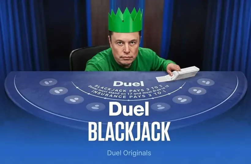 Elon Musk wearing a paper party crown and dealing cards at the Duel Blackjack table