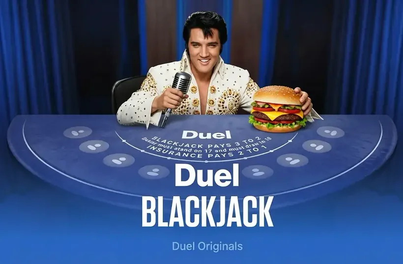 Elvis Presley crooning into a vintage microphone while holding a cheeseburger at the Duel Blackjack table