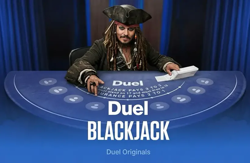 Captain Jack Sparrow in full pirate gear holding the card shoe at the Duel Blackjack table